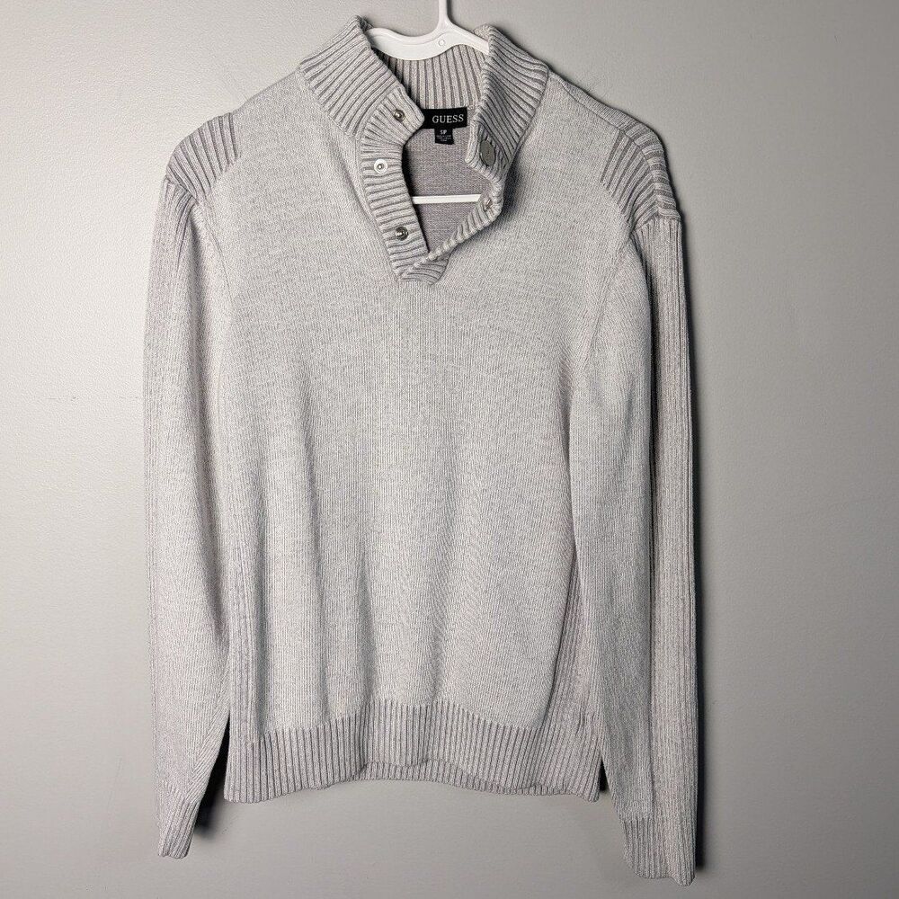 Men's GUESS Light Gray Long Sleeve Sweater Mock Neck Collar 3 Button Placket S